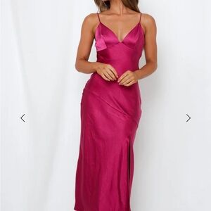 Hello Molly Pink Satin Slip Dress Spaghetti Strap Midi